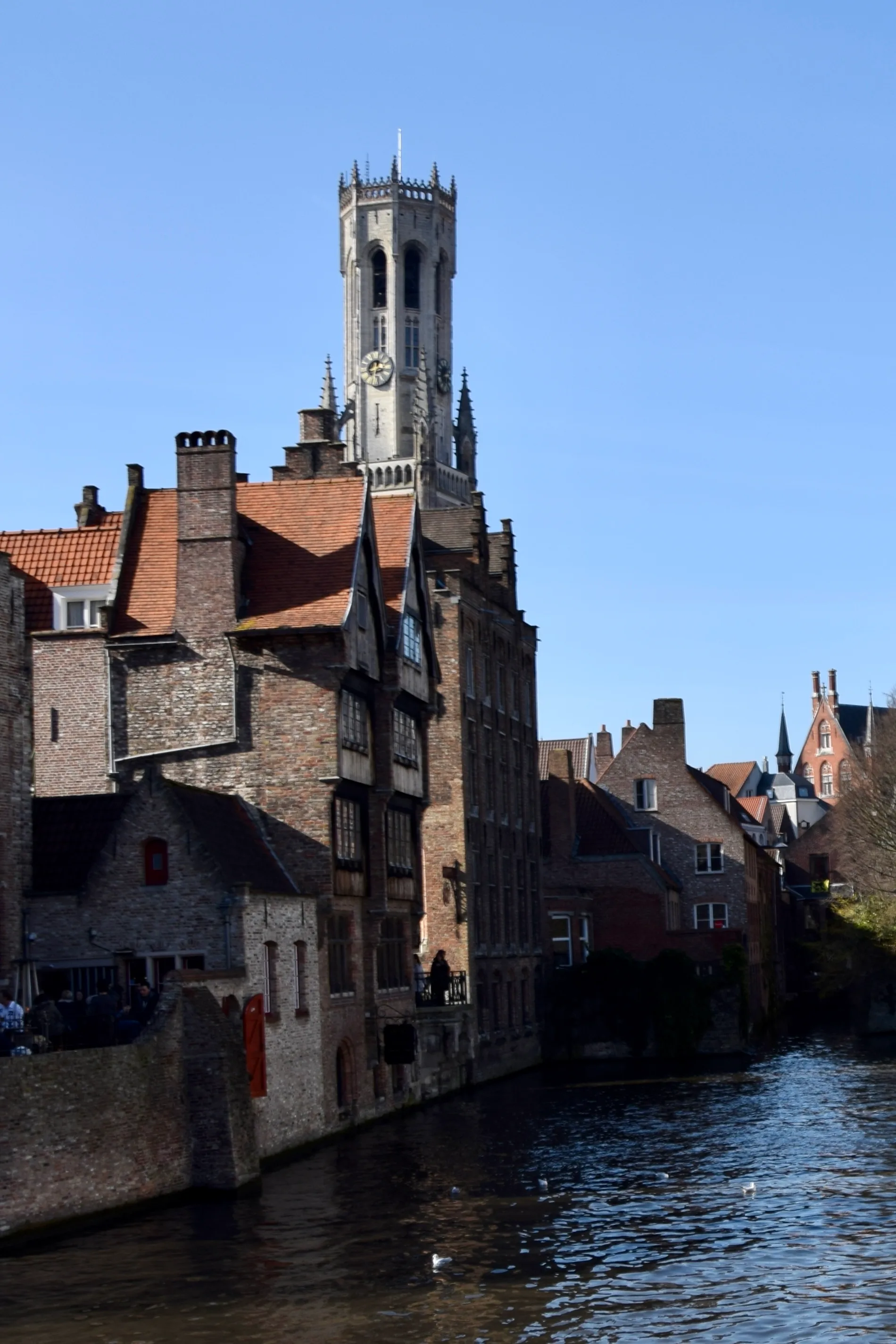 De reien van Brugge met op de achtergrond het Belfort onder een zachte ochtendlucht